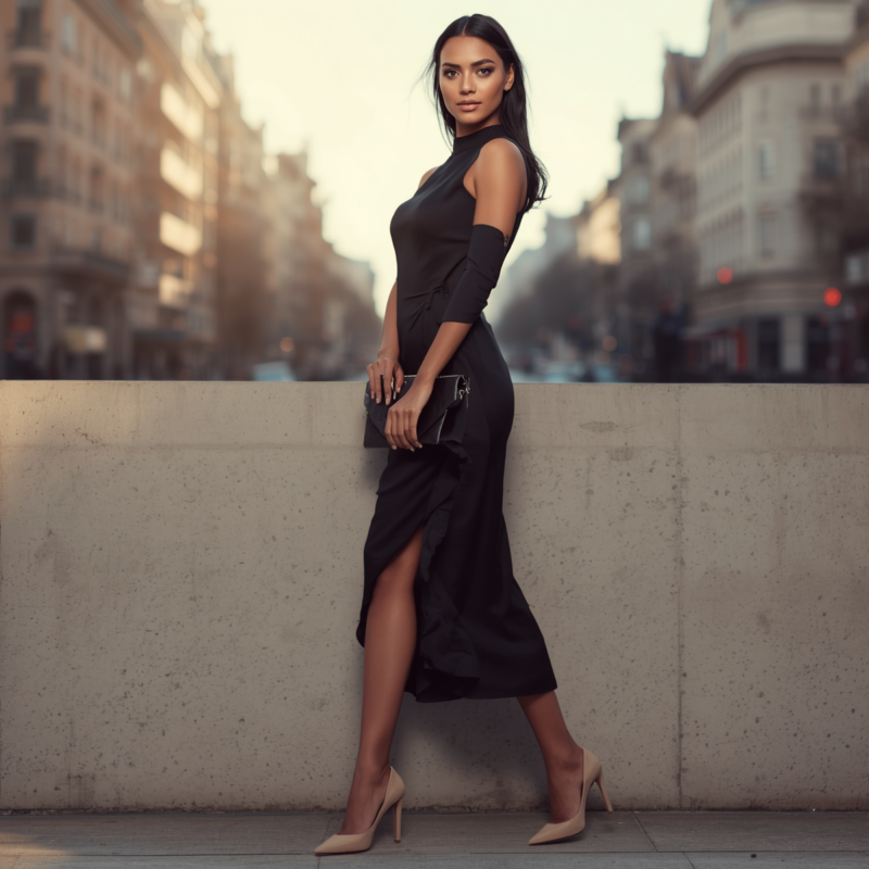 Sexy elegant style wanita dengan dress hitam dan heels